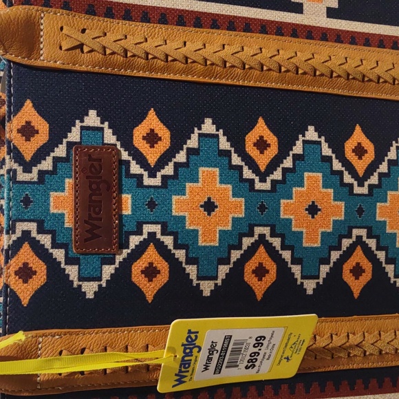 Wrangler XL canvas tote bag. Laptop carrier. Gold turquoise navy western NWT - Picture 2 of 9